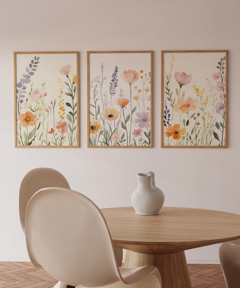 Pastel Wildflowers Prints Set of 3, Watercolor Colorful Wildflowers 3 ...