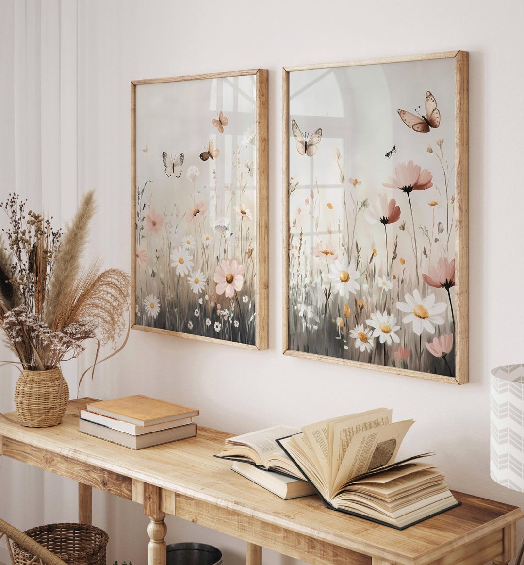 Pastel Wildflowers and Butterflies Prints Set: Vintage Floral Field ...