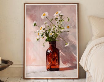White Daisy Bouquet Art Print: Abstract Floral Vase Painting (Digital Download)