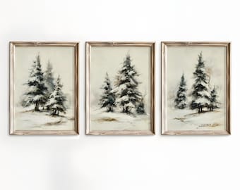 Winter pine trees prints set of 3, vintage rustic holiday painting, digital download