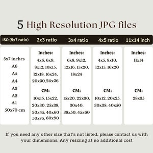 May include: A chart showing different sizes of high-resolution JPG files available for purchase. The chart lists sizes in inches and centimetres, including ISO (5x7 ratio), 2x3 ratio, 3x4 ratio, 4x5 ratio, and 11x14 inch.