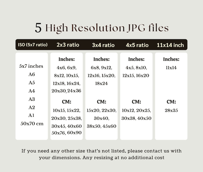 May include: A chart showing different sizes of high-resolution JPG files available for purchase. The chart lists sizes in inches and centimetres, including ISO (5x7 ratio), 2x3 ratio, 3x4 ratio, 4x5 ratio, and 11x14 inch.
