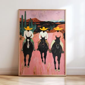 Sydvästra cowboys-tryck, färgglad abstrakt westernhästmålning, modern lantlig cowboy-affisch, eklektisk utskrivbar väggkonst