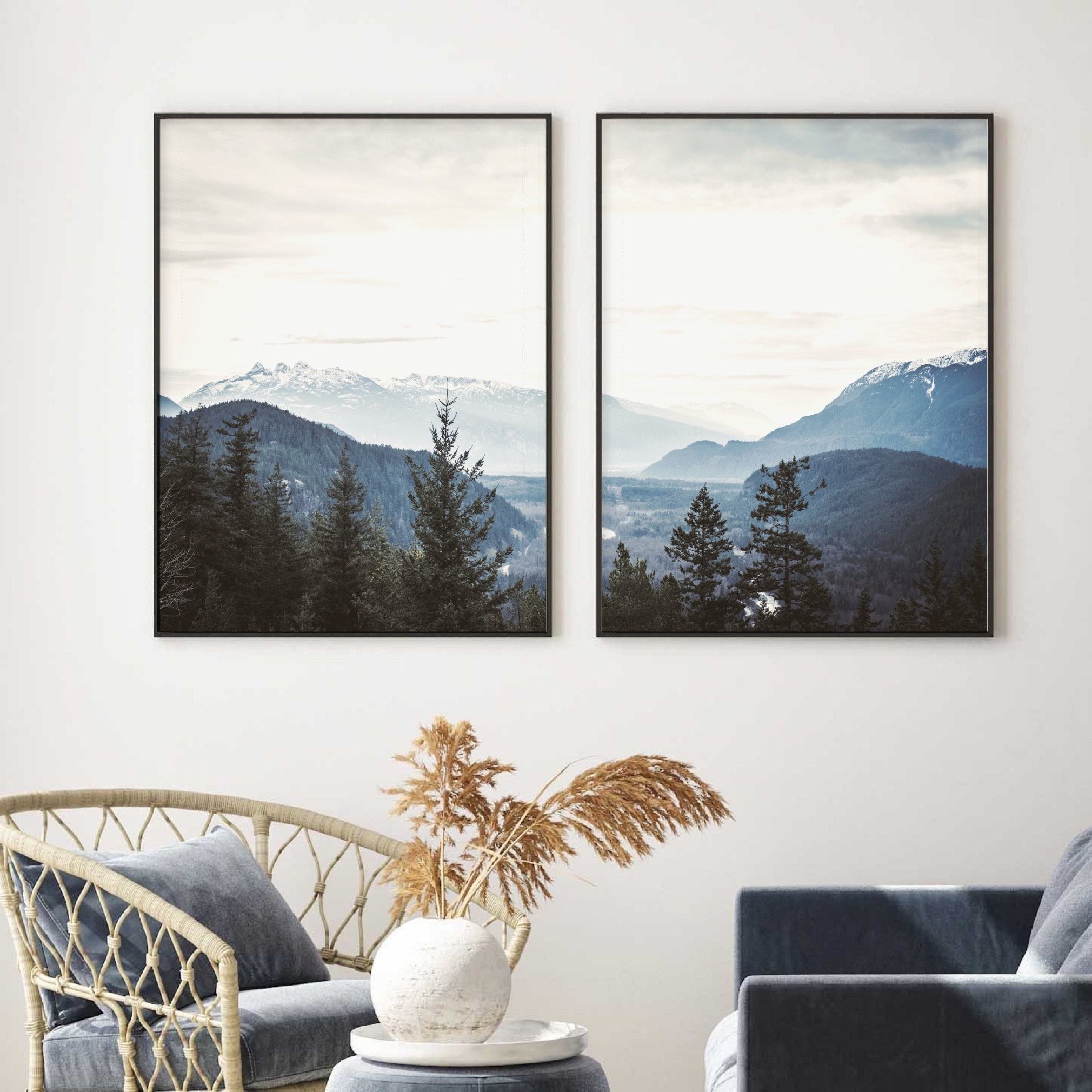 Mountain Prints Set of 2, Diptych Wall Art, Forest Nature Prints