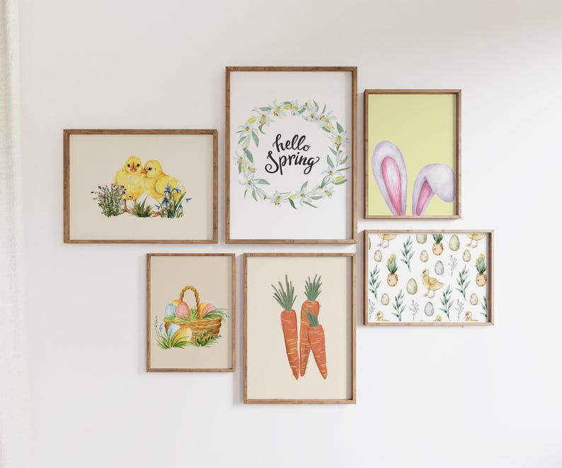 May include: A set of six framed prints with a spring theme. The prints feature images of baby chicks, carrots, a basket of Easter eggs, a bunny rabbit, and a wreath with the text "hello spring".