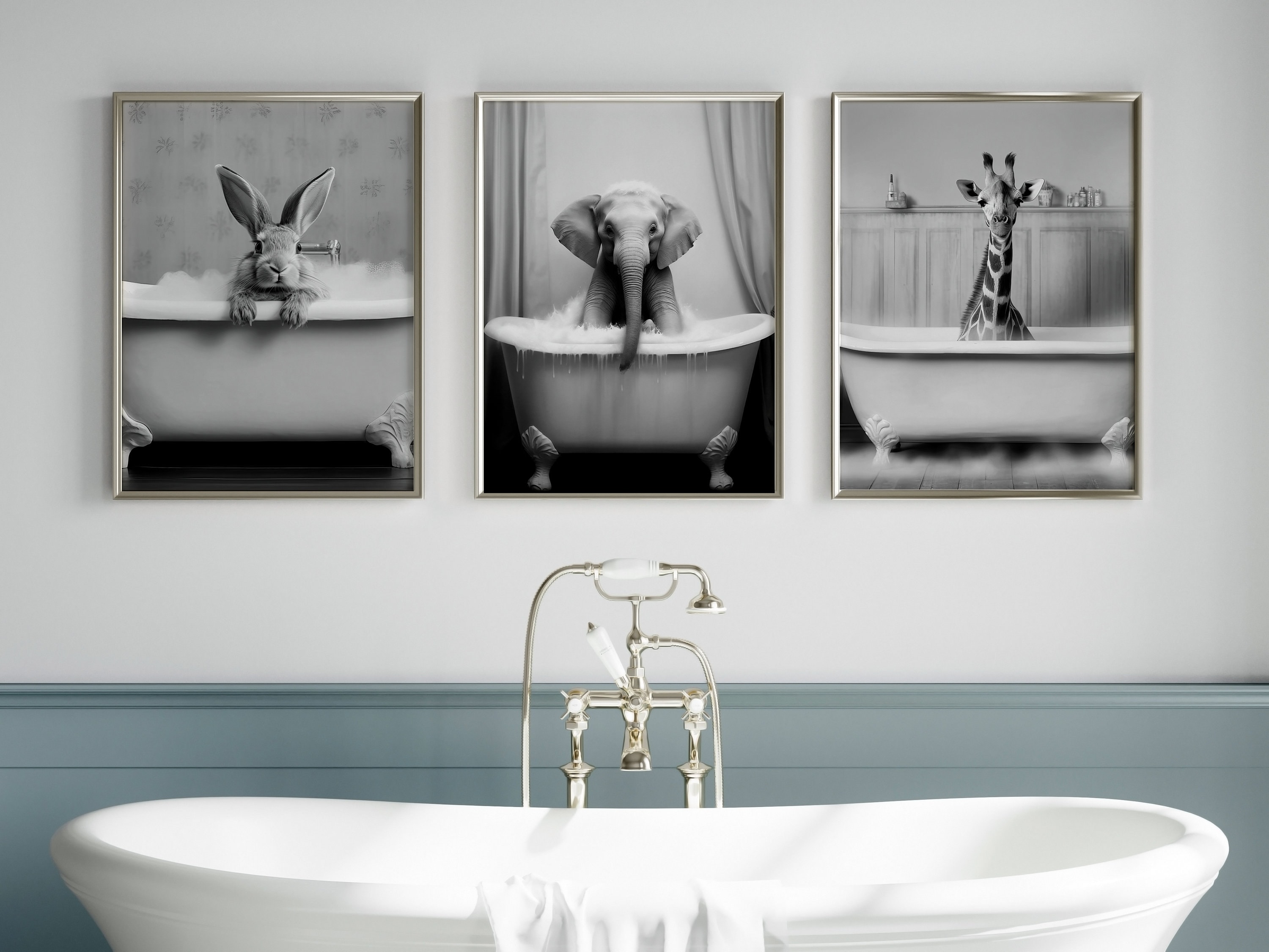 Set Di 3 Quadri Su Tela Per Bagno Con Procioni, Stampe Divertenti In Bianco E Nero, Cornice In Legno Rustico, 30,5x40,6 Cm - 2