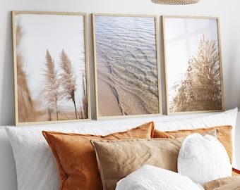 Neutral Coastal Set of 3 Prints, Pastel Pampas grass Photography, digital files, Printable Wall Art