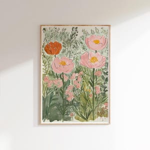 K&ouml;nnte beinhalten: Ein gerahmtes Aquarellgem&auml;lde eines Blumengartens. Das Kunstwerk zeigt gro&szlig;e rosa und orangefarbene Blumen mit gelben Zentren, umgeben von gr&uuml;nem Laub und kleineren rosa Bl&uuml;ten. Das Gem&auml;lde hat einen hellgr&uuml;nen Hintergrund und einen Naturholzrahmen.
