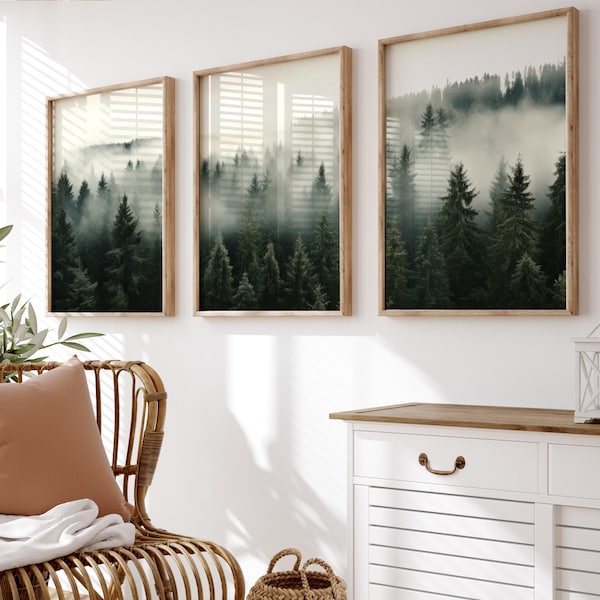 Forest wall art set of 3 prints, misty forest triptych wall art, nature prints, digital download, printable wall art