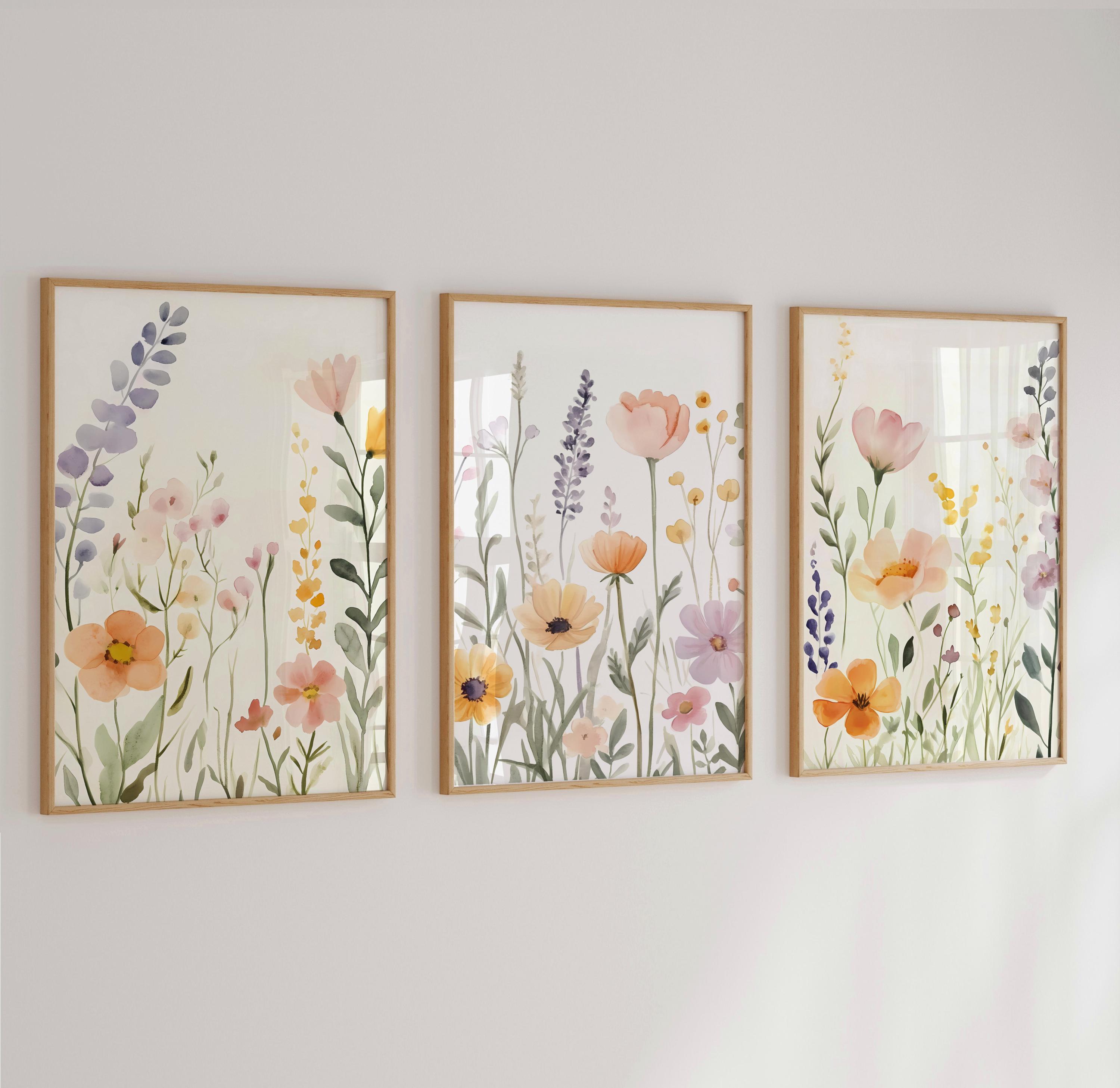 Pastel Wildflowers Prints Set of 3, Watercolor Colorful Wildflowers 3 ...