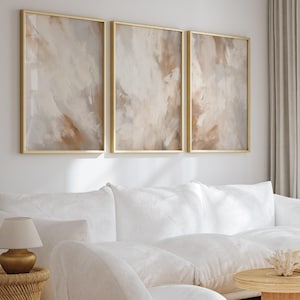 Abstract Neutral Beige Gray Painting, Wabi Sabi Brushstrokes, 3 Piece Wall Art (Digital Download)