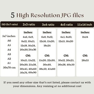 May include: Chart showing different sizes of high-resolution JPG files in inches and centimeters. The sizes are listed in ISO (5x7 ratio), 2x3 ratio, 3x4 ratio, 4x5 ratio, and 11x14 inch.