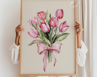 Coquette watercolor Tulips bouquet print, flowers with pink bow painting, printable wall art