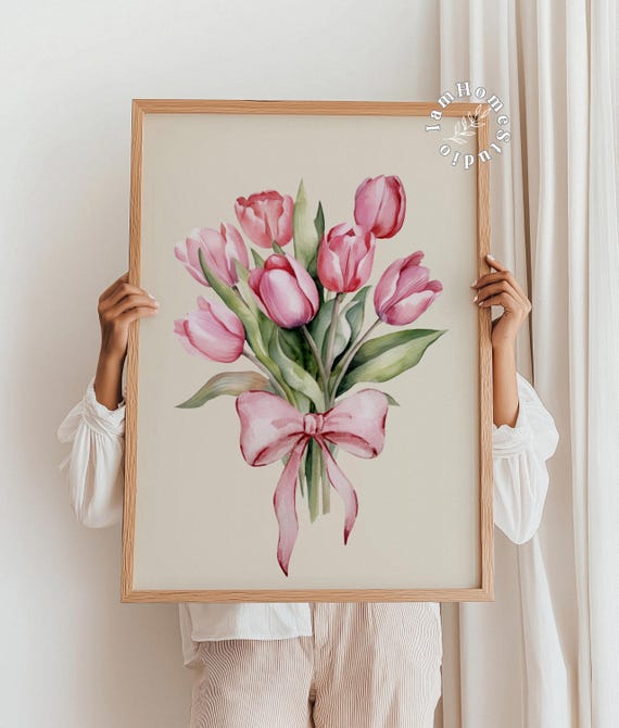 【原画販売】チューリップのブーケ　水彩画 コケット水彩画のチューリップの花束プリント、ピンクのリボン付きの花