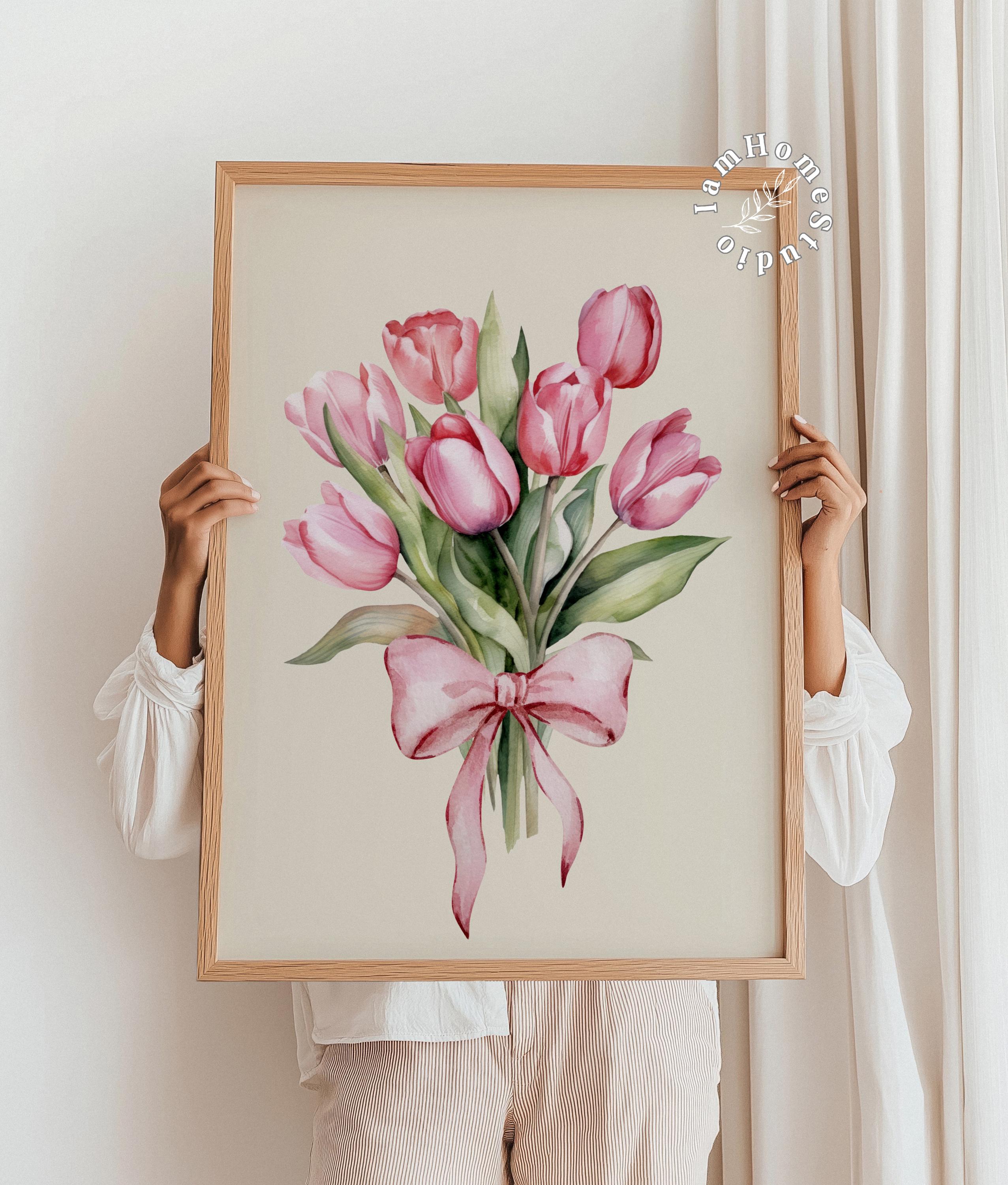 コケット水彩画のチューリップの花束プリント、ピンクのリボン付きの花