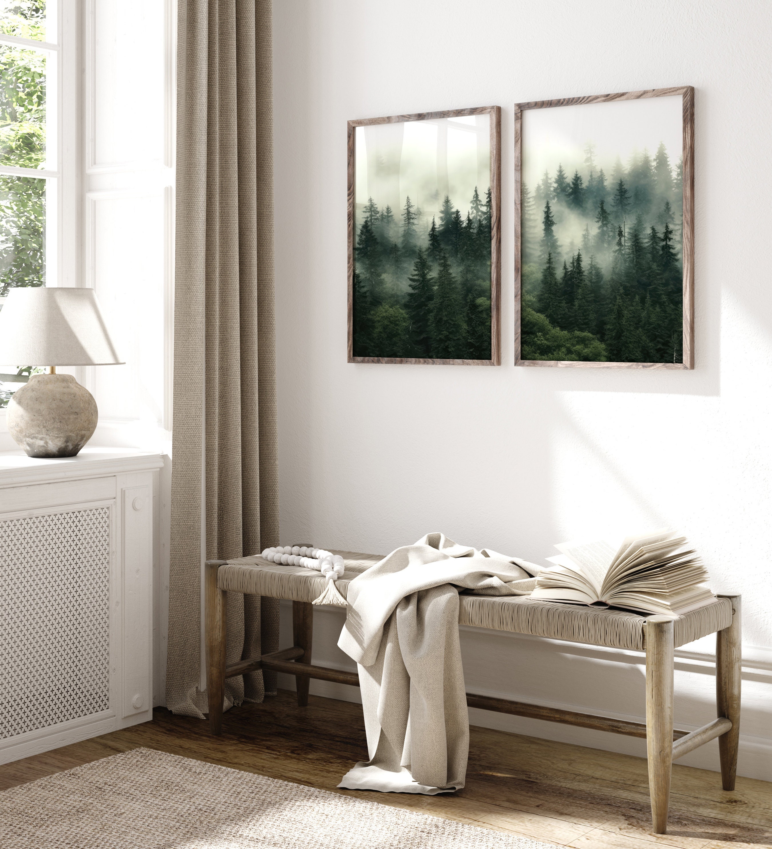 Dark Foggy Forest 2 Piece Wall Art, Misty Pine Trees Forest Prints ...