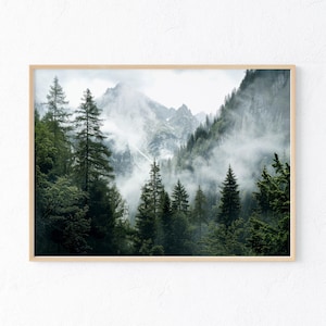 Forest mountains digital print, misty foggy mountains photography, green forest landscape print, large nature picture, printable wall art image 3