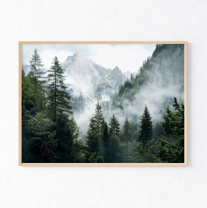 Forest mountains digital print, misty foggy mountains photography, green forest landscape print, large nature picture, printable wall art image 3