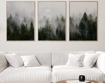Forest triptych wall art, misty forest photography, nature printable posters, digital download