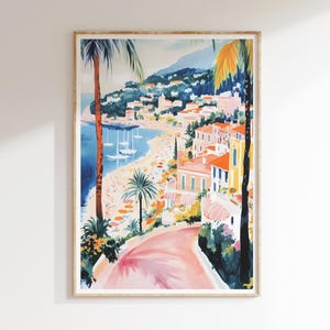 Mediterranean coastal painting, pastel French Riviera print, summer travel France seaside digital poster, printable wall art