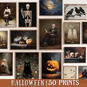 50 Halloween prints, moody halloween painting, spooky gallery wall set, vintage gothic halloween posters, bundle printable wall art