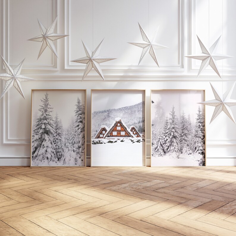 Winter Wonderland Prints Set of 3, Winter Photography, Snow Log Cabin ...