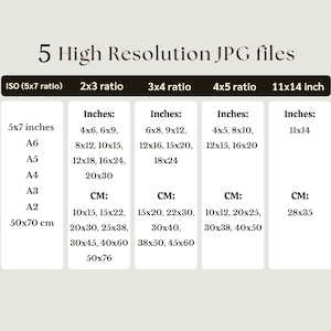 May include: A chart showing the different sizes of high-resolution JPG files in inches and centimeters. The chart includes ISO (5x7 ratio), 2x3 ratio, 3x4 ratio, 4x5 ratio, and 11x14 inch sizes.