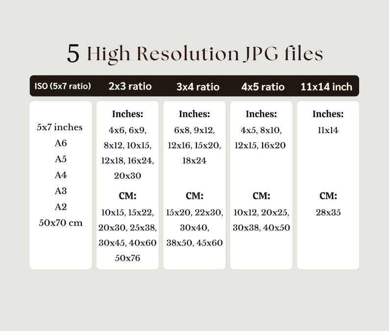 May include: A chart showing the different sizes of high-resolution JPG files in inches and centimeters. The chart includes ISO (5x7 ratio), 2x3 ratio, 3x4 ratio, 4x5 ratio, and 11x14 inch sizes.