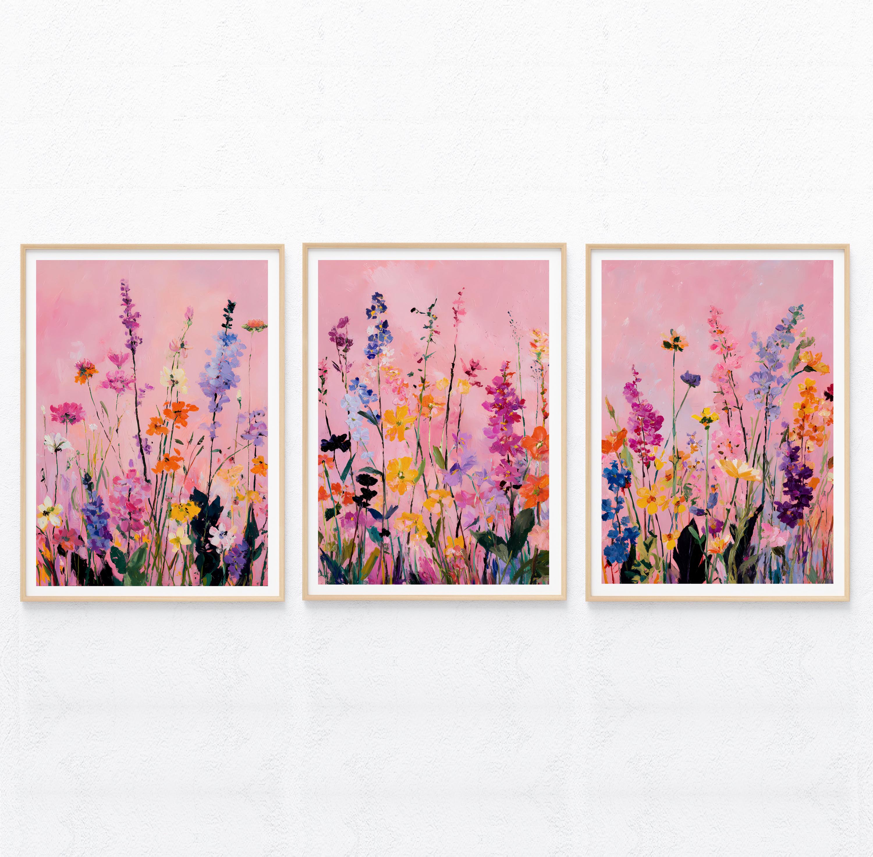 ピンクの花柄3点ウォールアート、抽象的な野花の草原の保育園の