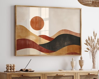 Abstract terracotta landscape print, modern boho desert artwork, mid century sun nature printable wall art