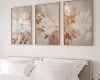 Neutral abstract flowers paintings, pastel pink floral 3 piece wall art, flowers brush strokes prints, printable wall art