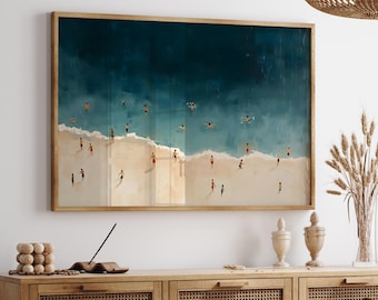 Swimming people beach wall art print, aerial ocean view digital poster, minimalist coastal print, large beachy printable wall art