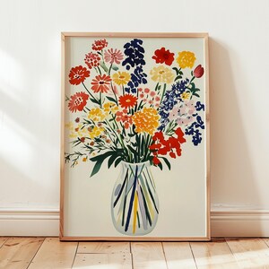 Impresión dibujada a mano de flores coloridas, ramo floral de verano brillante en arte de jarrón, póster moderno de flores silvestres audaces, arte de pared imprimible
