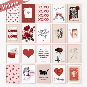 May include: Twenty printable Valentine's Day themed illustrations. The prints feature various designs including hearts, roses, skeletons, and a cupid. The text on the prints includes "be my valentine", "I'm lucky to have you", "XOXO", "Date Night!", "Together Forever", "Love", "Happy Valentine's Day", "True Love doesn't have a happy ending. True Love has NO ending", "The Perfect Match", "Full of Love XOXOXO", "14 February", and "Valentine's 2' Mail 2".