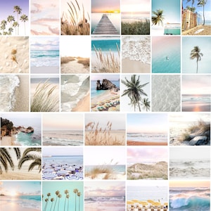 May include: A collage of 36 images featuring various beach scenes. The images include palm trees, sandy beaches, ocean waves, seashells, and beach umbrellas. The images are arranged in a grid pattern.