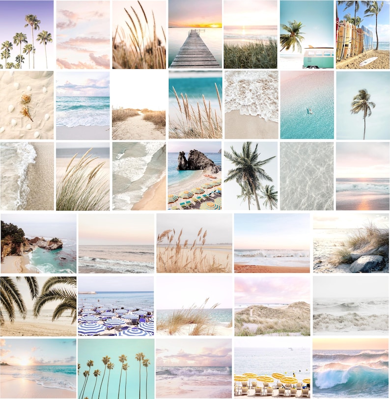 May include: A collage of 36 images featuring various beach scenes. The images include palm trees, sandy beaches, ocean waves, seashells, and beach umbrellas. The images are arranged in a grid pattern.