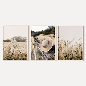 Farmhouse dried grass field prints set of 3, Wildflowers photography, farm country landscape posters, printable wall art