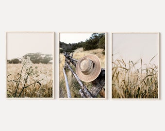 Ensemble d’impressions de champs d’herbe séchée de ferme de 3, photographie de fleurs sauvages, affiches de paysage de ferme, art mural imprimable