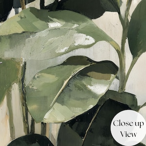 Puede incluir: Vista de cerca de una pintura con grandes hojas verdes texturizadas sobre un fondo verde claro y blanco. La obra de arte tiene un estilo moderno y abstracto, con pinceladas visibles y un tema natural.