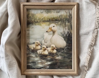 Vintage ducks painting, neutral farm ducks print, pastel nursery ducklings art, cottage nursery room printable wall art