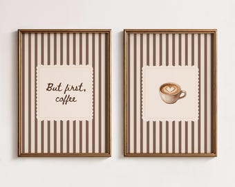 Coffee prints set of 2, minimalist neutral striped kitchen artwork posters, digital download