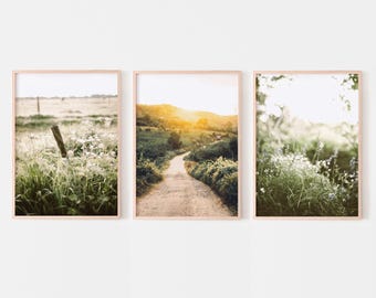 Green nature prints, forest path prints set of 3, dark green wall art, forest landscape gallery set, boho printable wall art