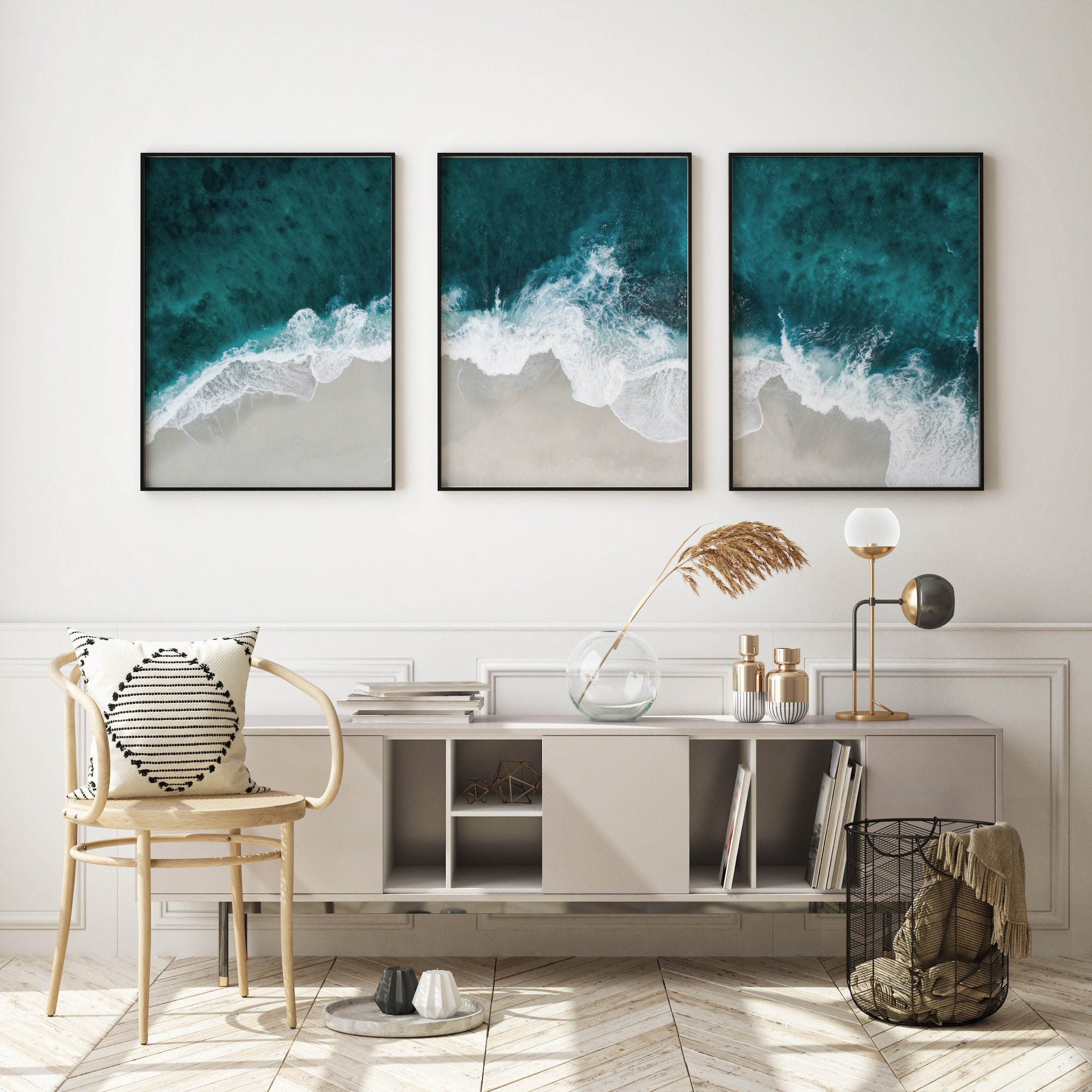 Ocean Triptych Wall Art, Ocean Waves Prints Set of 3, Aerial Coast