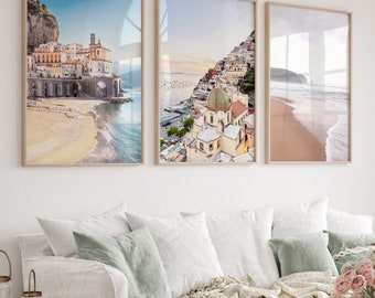 Conjunto de 3 impresiones de la costa de Amalfi, arte de la pared mediterránea, fotografía neutra de la playa de Italia, arte de pared imprimible