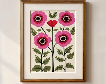 Pink Poppies Floral Wall Art Print: Abstract Pink & Green Flowers Poster (Digital Download)