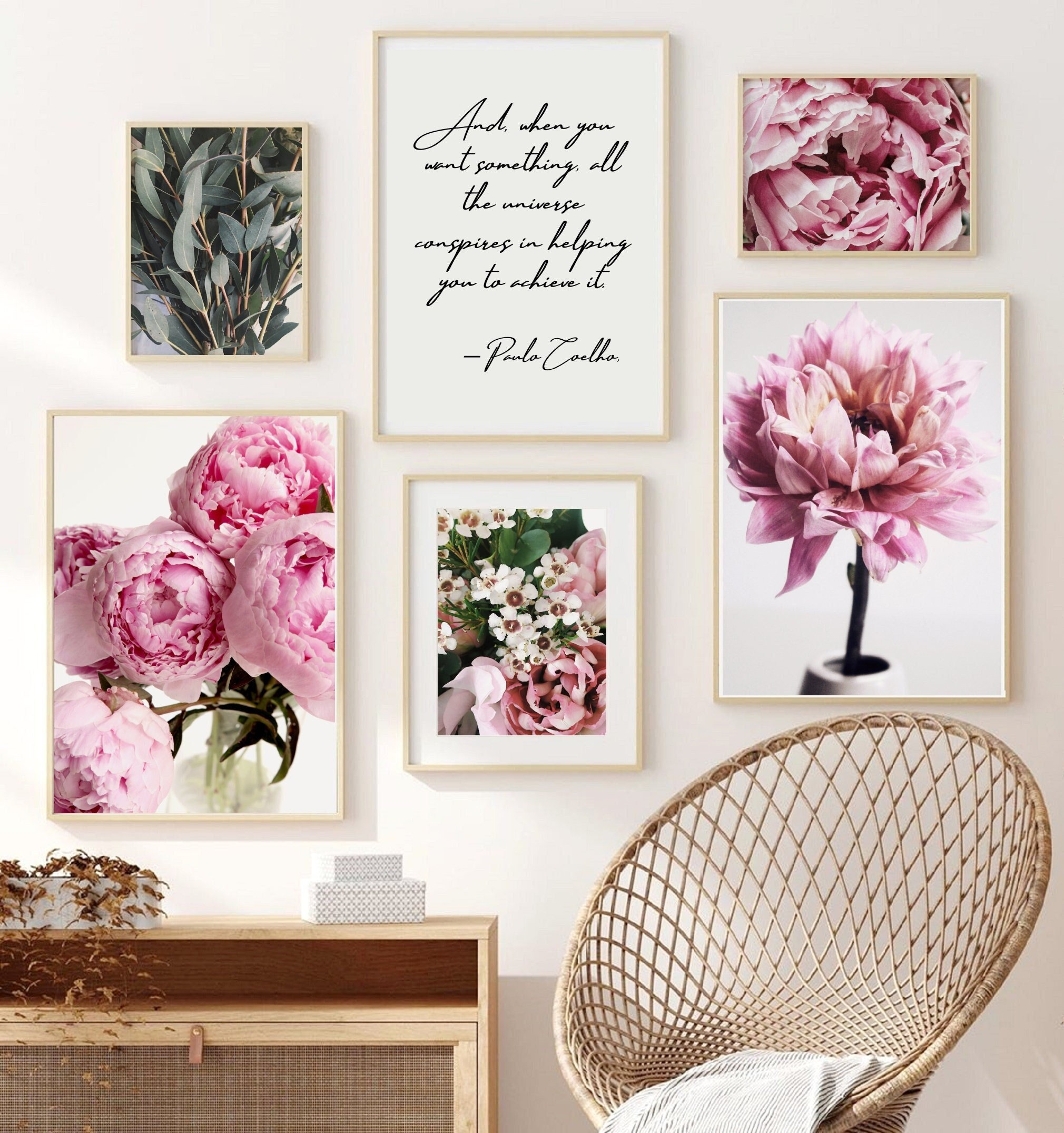 Pink Flowers Gallery Wall Set of 6 Prints, Pink Peonies Wall Art ...