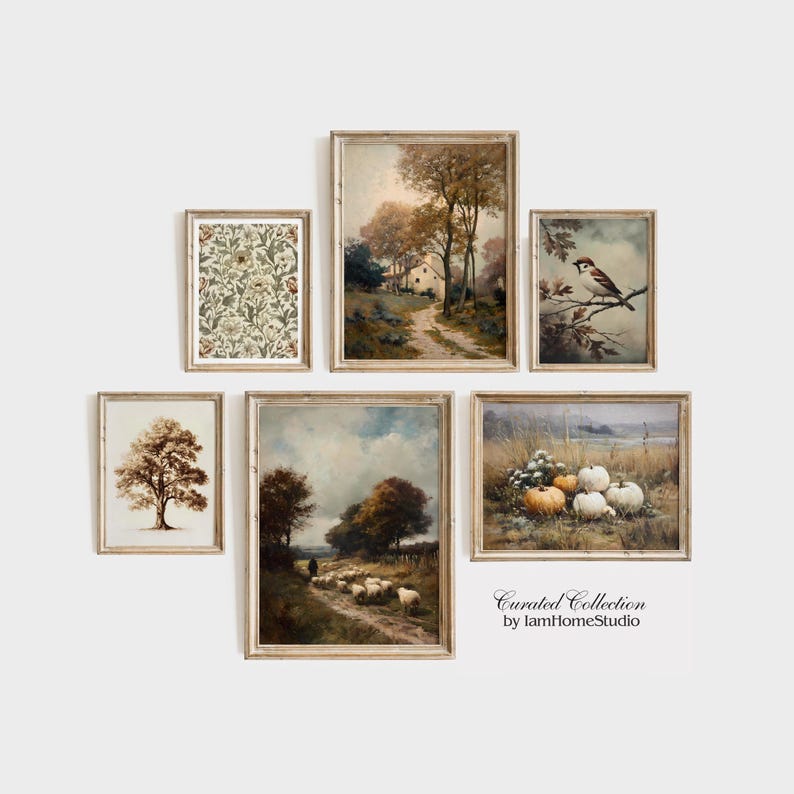 May include: A collection of six framed vintage-style landscape paintings. The artwork includes scenes of trees, a bird on a branch, a floral pattern, and a field with pumpkins. The frames are a light wood color. The text "Curated Collection by IamHomeStudio" is visible.