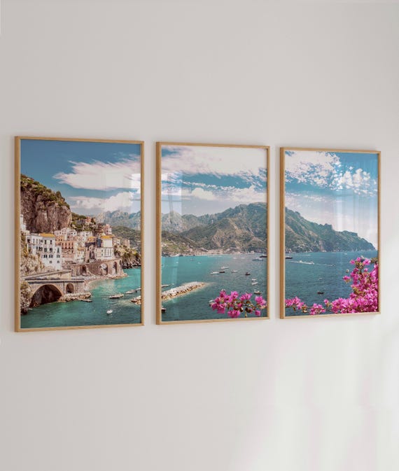 Mediterranean prints set, Italy 3 piece wall art, summer coastal photography, Digital Download
