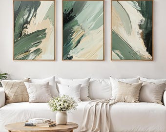 Sage green brush strokes paintings prints set of 3, green and beige abstract room artwork, printable wall art
