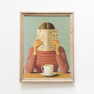 Woman reading book print, vintage bookish art, book lover painting, digital download